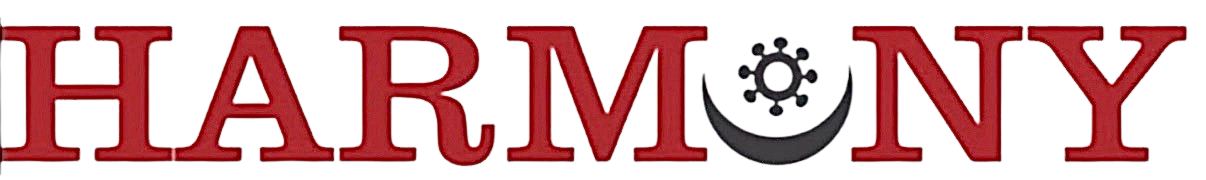 The word 'HARMONY' in bold red letters, with a black crescent and circular design replacing the letter 'O'.