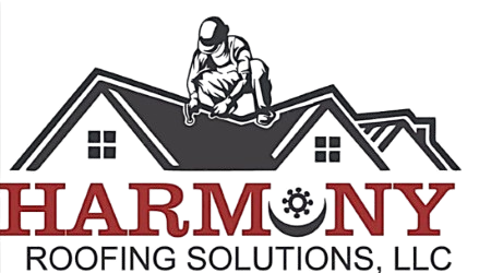 Logo with a person installing shingles on a roof above the word Harmony, representing Harmony Roofing Solutions, LLC.