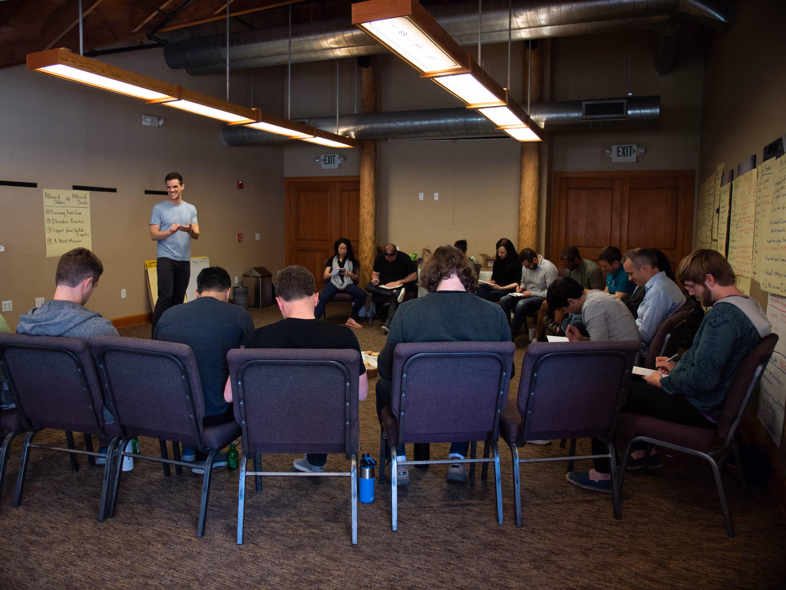 T-Group image of people sitting in a circle and practicing together
