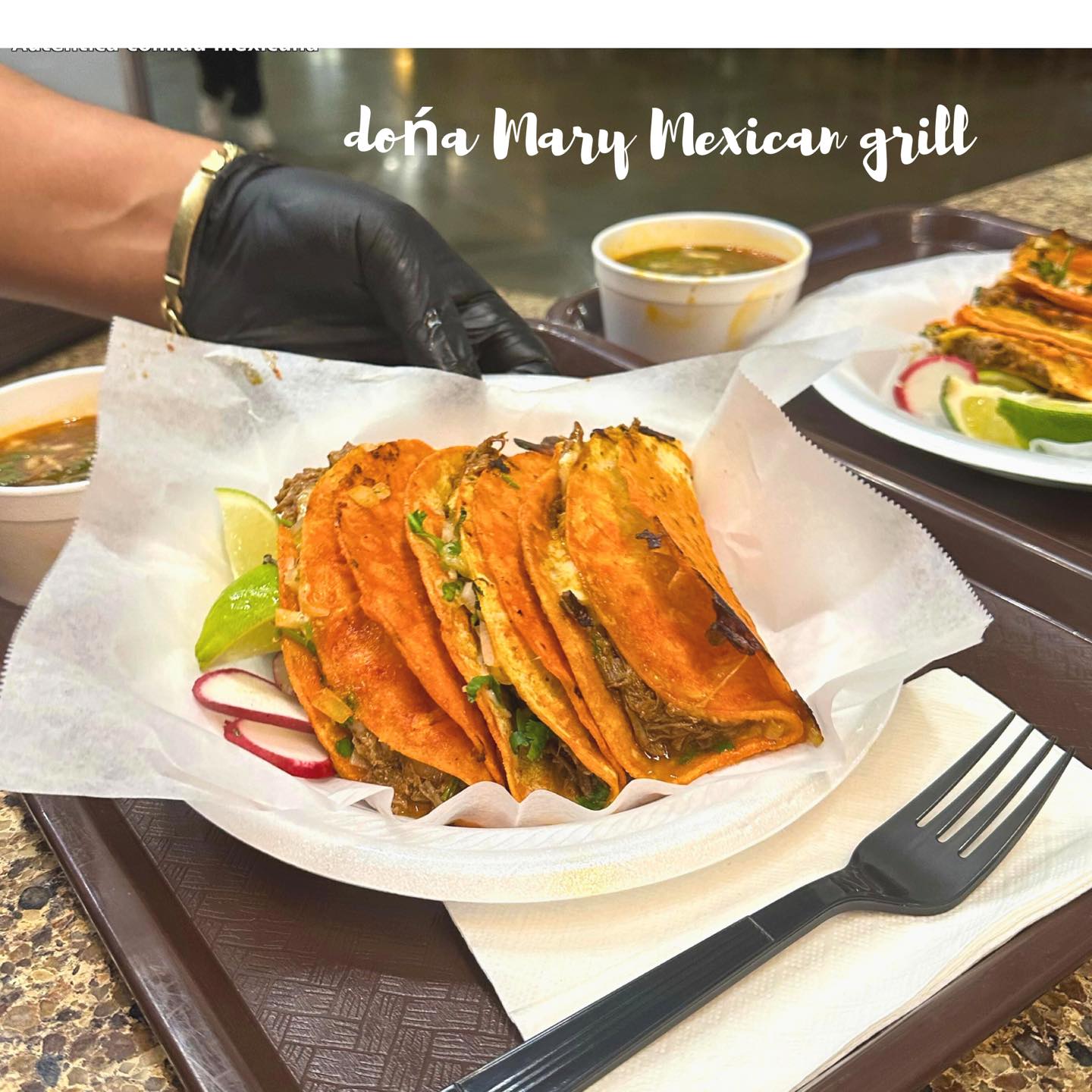 A person is holding a plate of Mexican food.