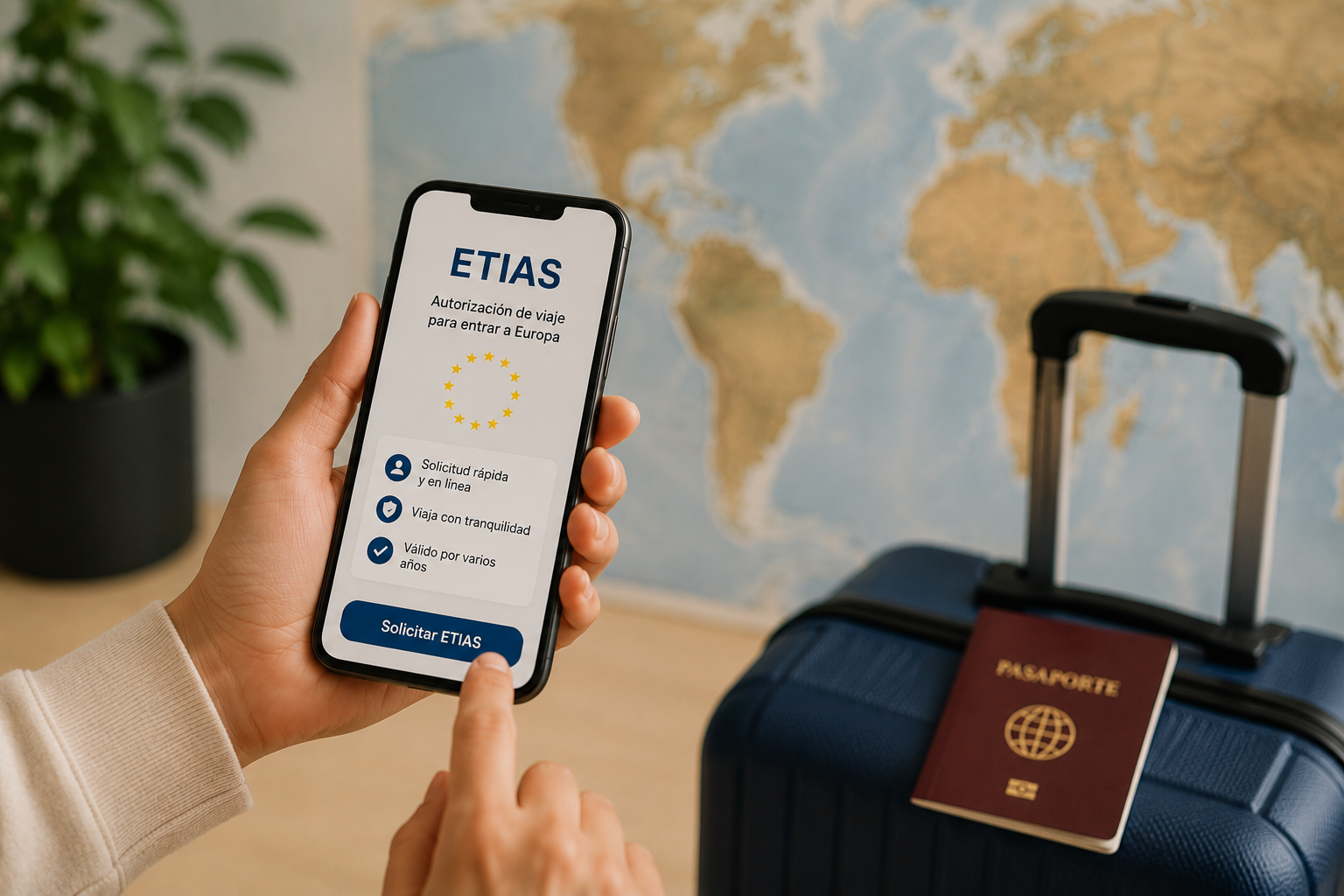 Persona consulta una solicitud ETIAS en su móvil junto a una maleta y un pasaporte.
