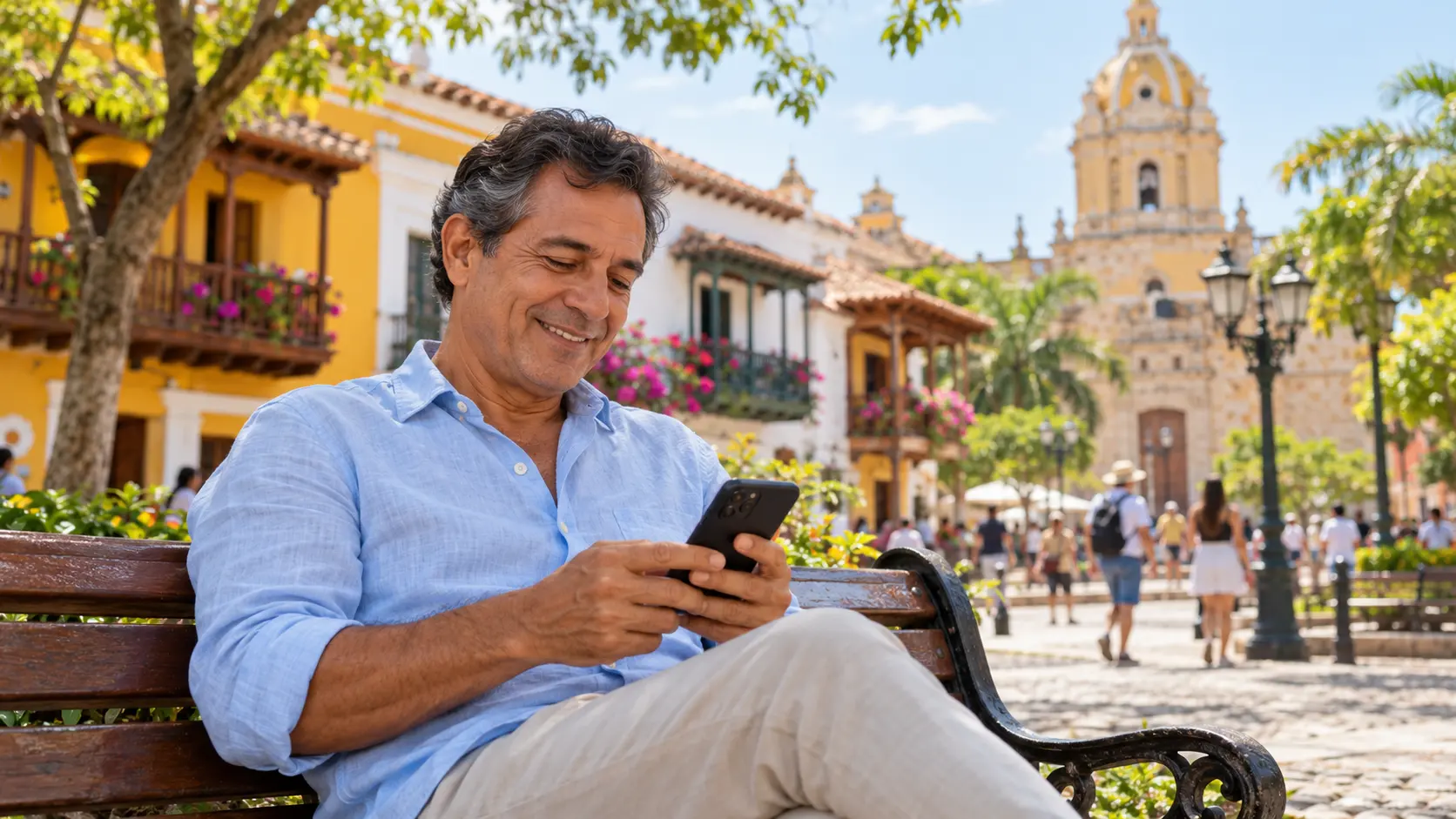 Hombre consultando su móvil en un banco de una plaza colombiana