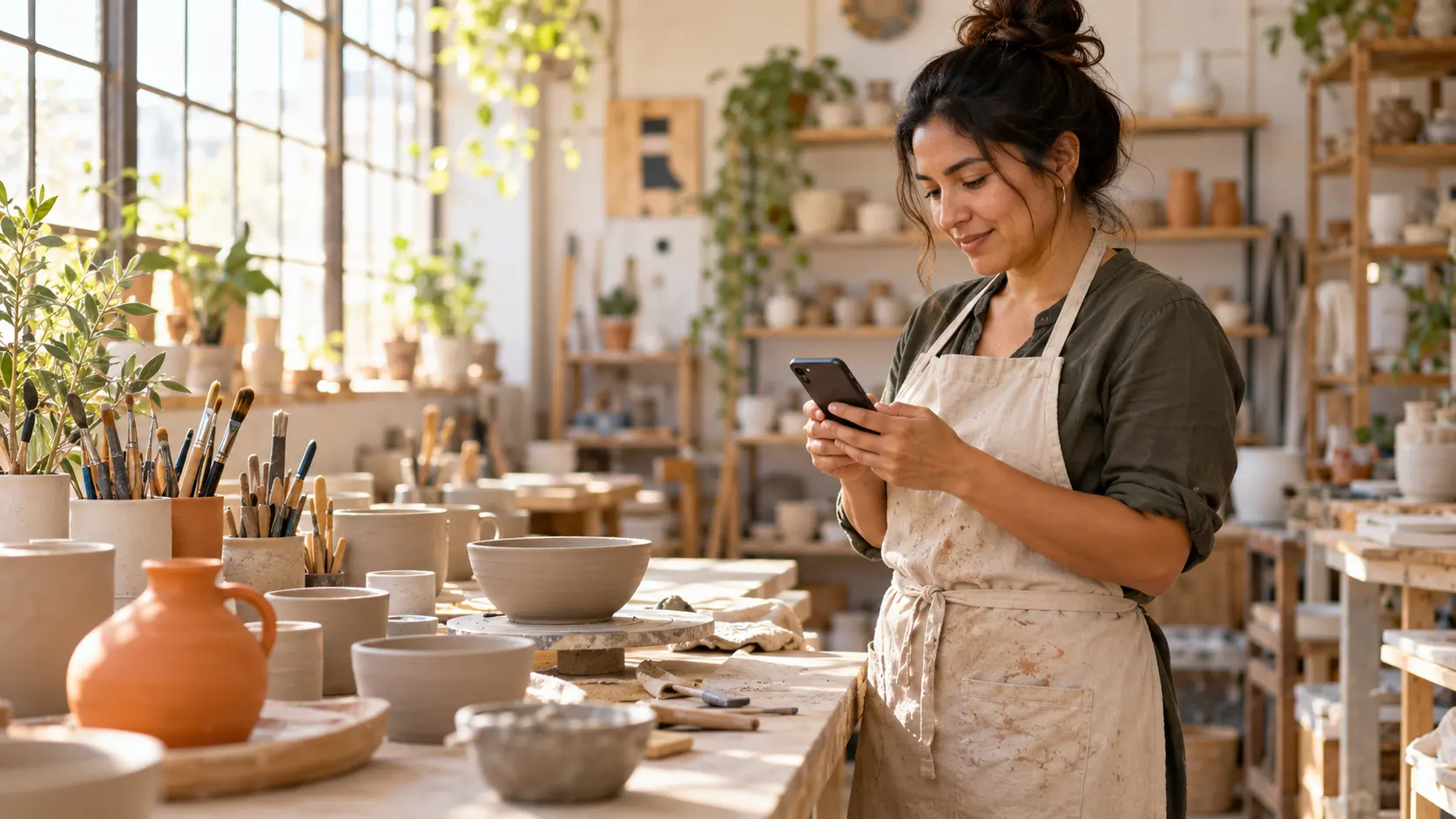 Trabajadora usando su móvil en un taller de cerámica