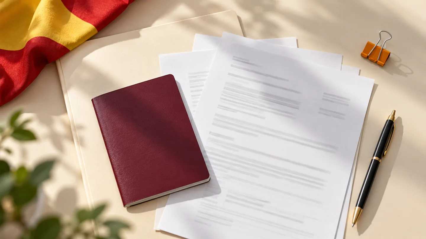 Composición de documentos, pasaporte cerrado y bolígrafo junto a una bandera de España, sin personas.