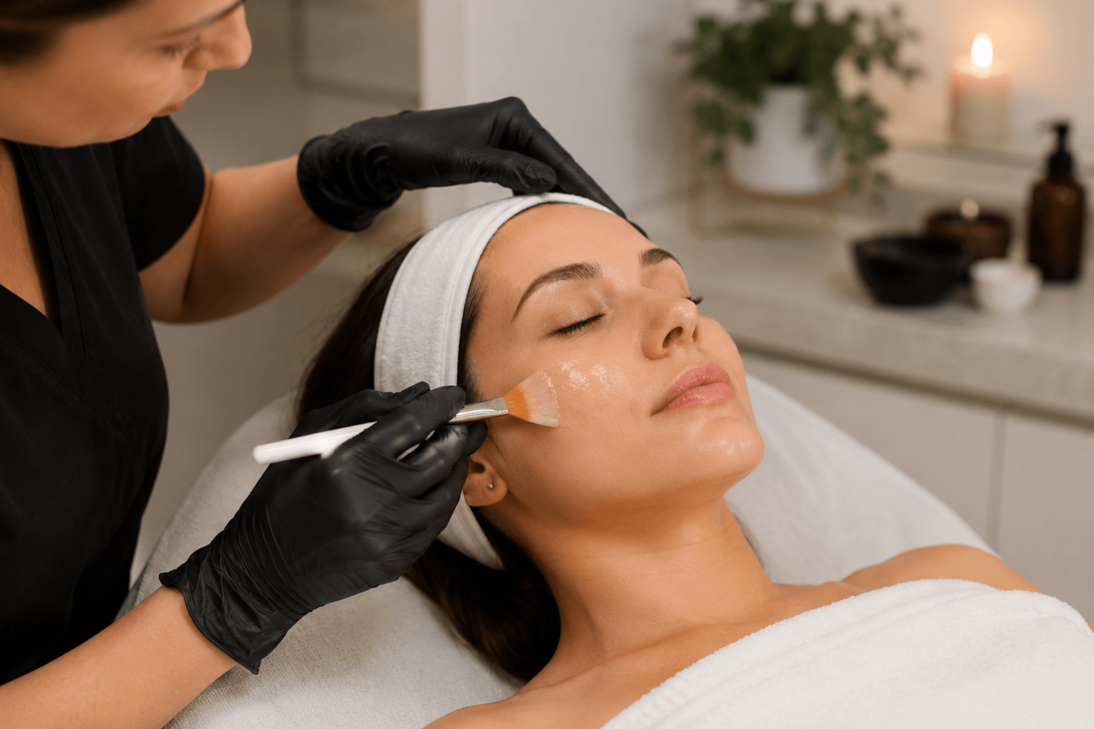 esthetician performing chemical peel treatment to improve skin tone and texture in Denver Colorado med spa