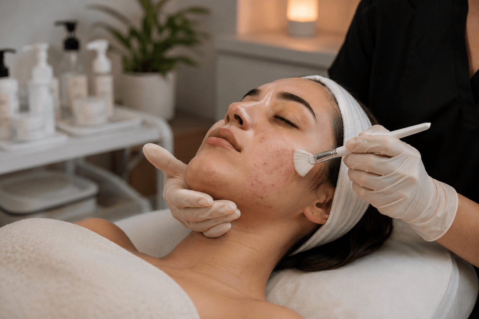 esthetician performing acne facial treatment for hormonal acne in Denver Colorado