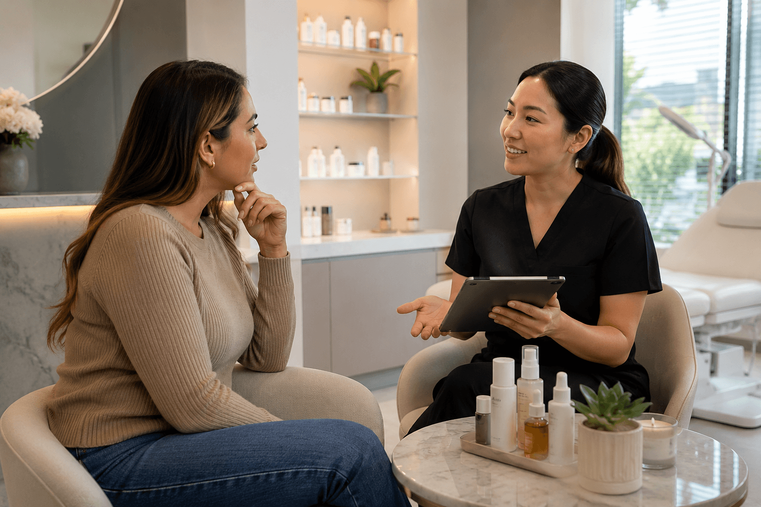 Licensed med spa provider reviewing treatment options with a client near Denver