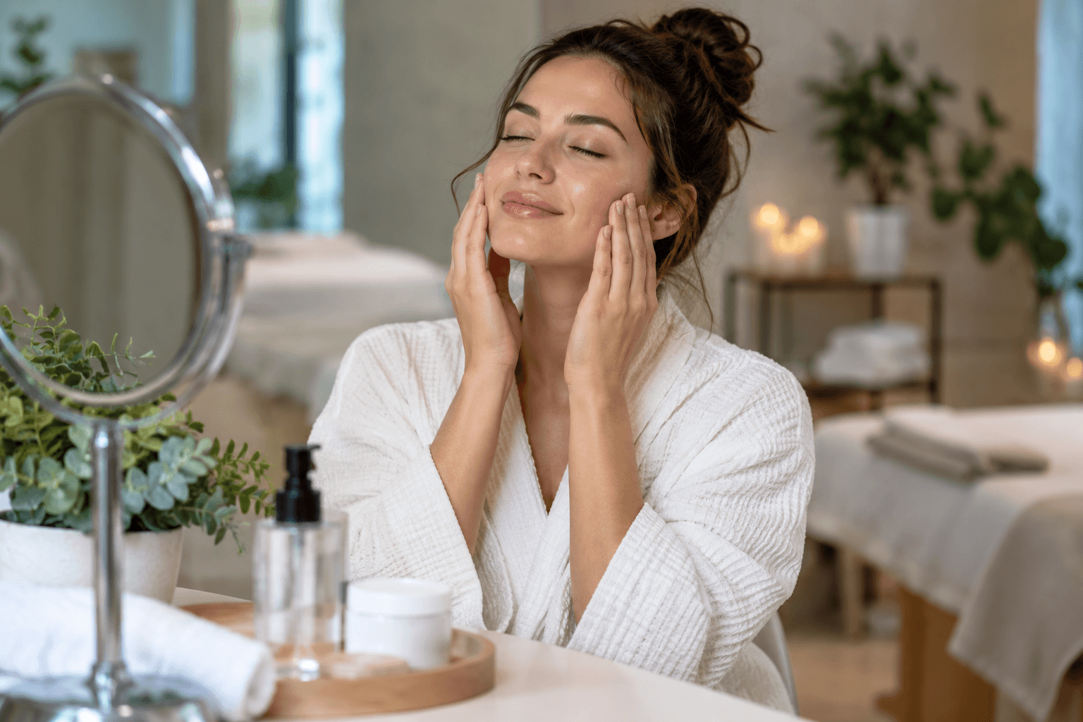 Client relaxing during a calming spa facial treatment at a Denver, Colorado med spa