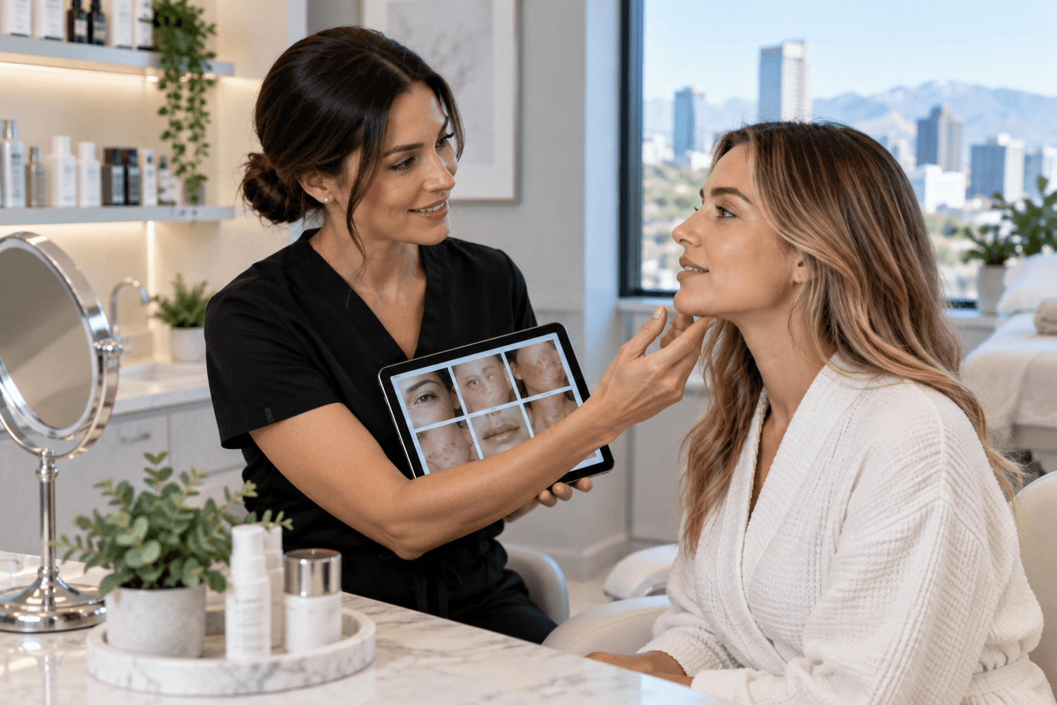 Provider examining a client's skin during a consultation at a Denver, Colorado medical spa