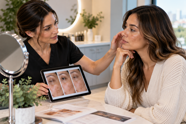 Woman receiving dark spots treatment consultation at a med spa in Denver, Colorado