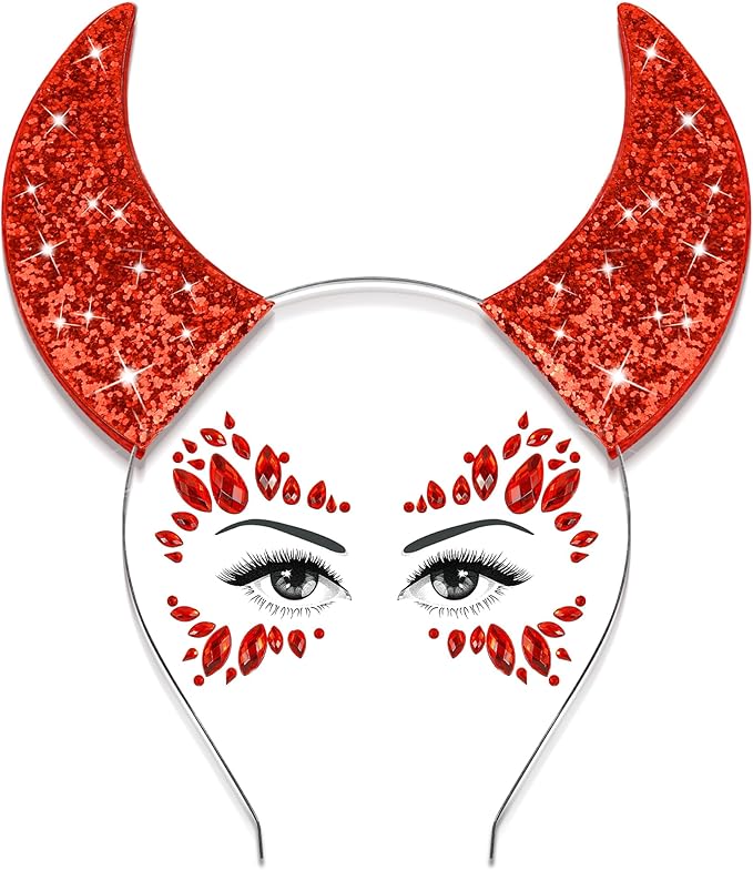 bedazzled devil horns and face jewels