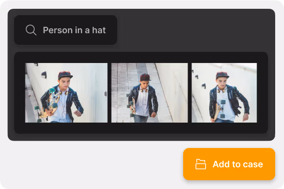 Results for a search for "person in a hat" and a button to add the clips to a case.