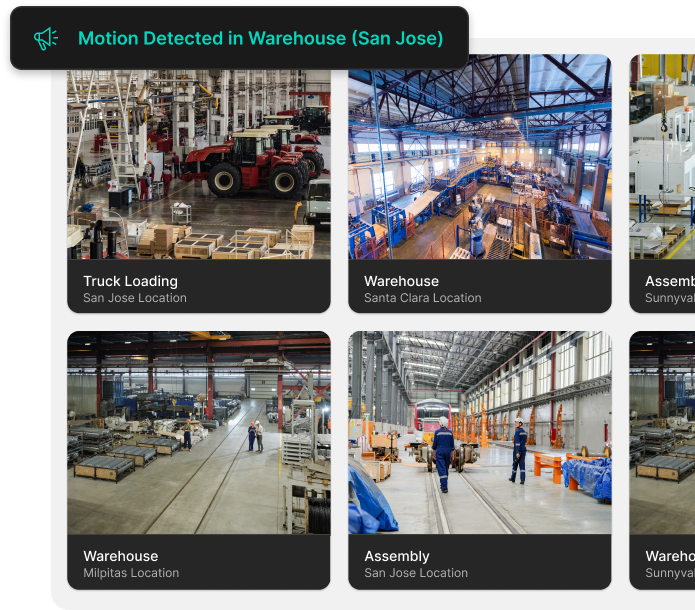 Multiple locations unified on a video wall with an alert showing there was motion detected at the San Jose location