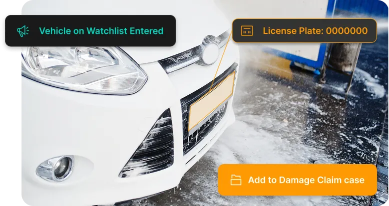 A car entering a car wash with its license plate recognized and a button to add to Damage Claim case