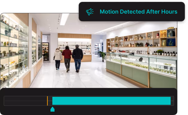 A dispensary video playback with an alert saying "Motion Detected After Hours"