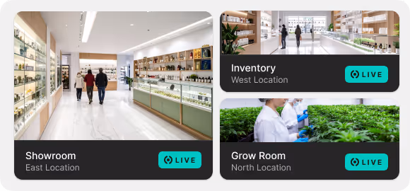 Video wall of a dispensary with the showroom, inventory room, and grow room.