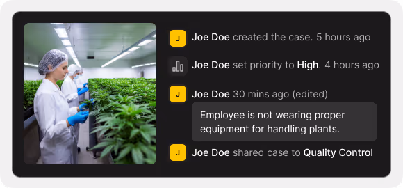 Dispensary case management with a note that the employee is not wearing proper PPE.
