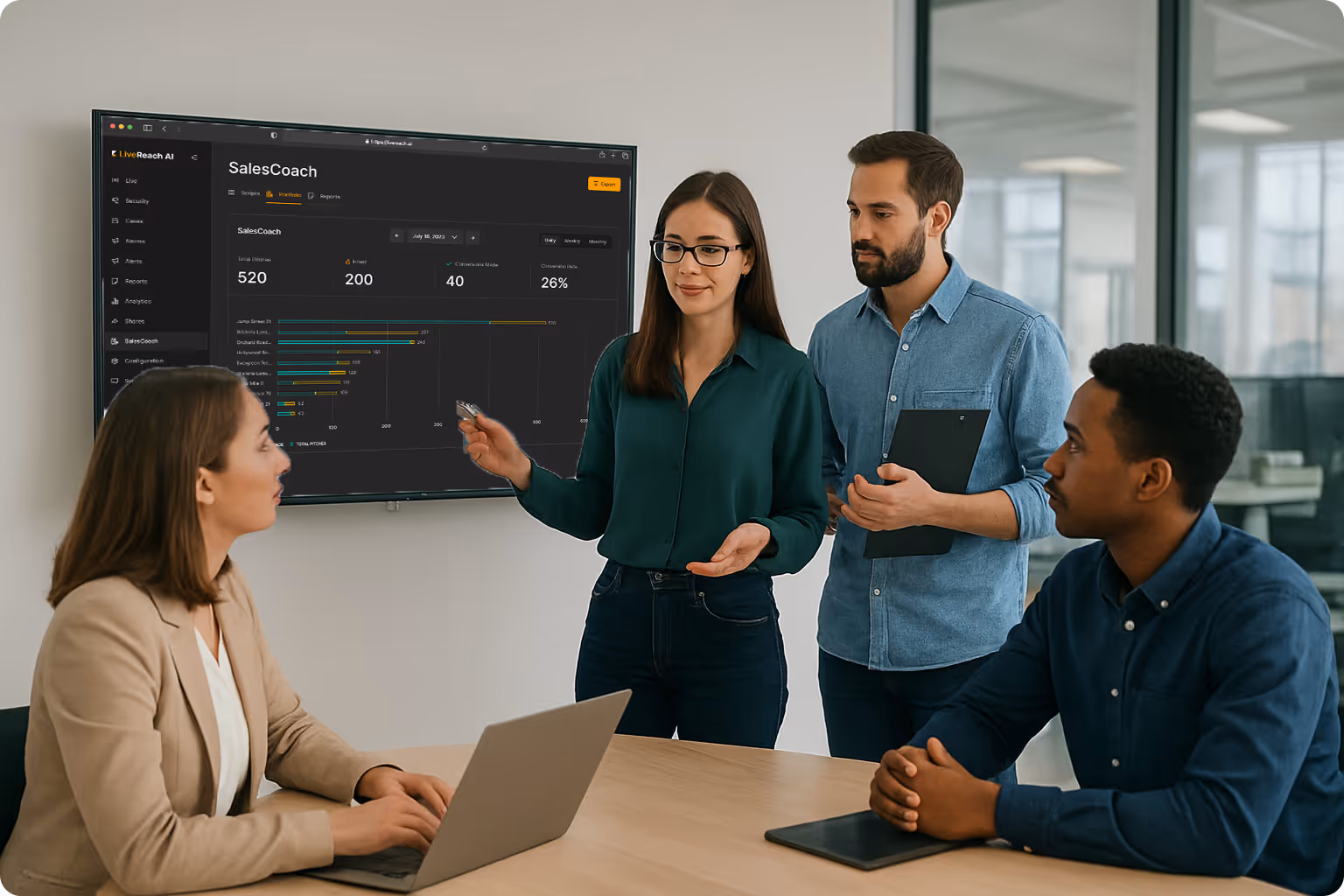 Marketing team analyzing analytics provided from LiveReach.