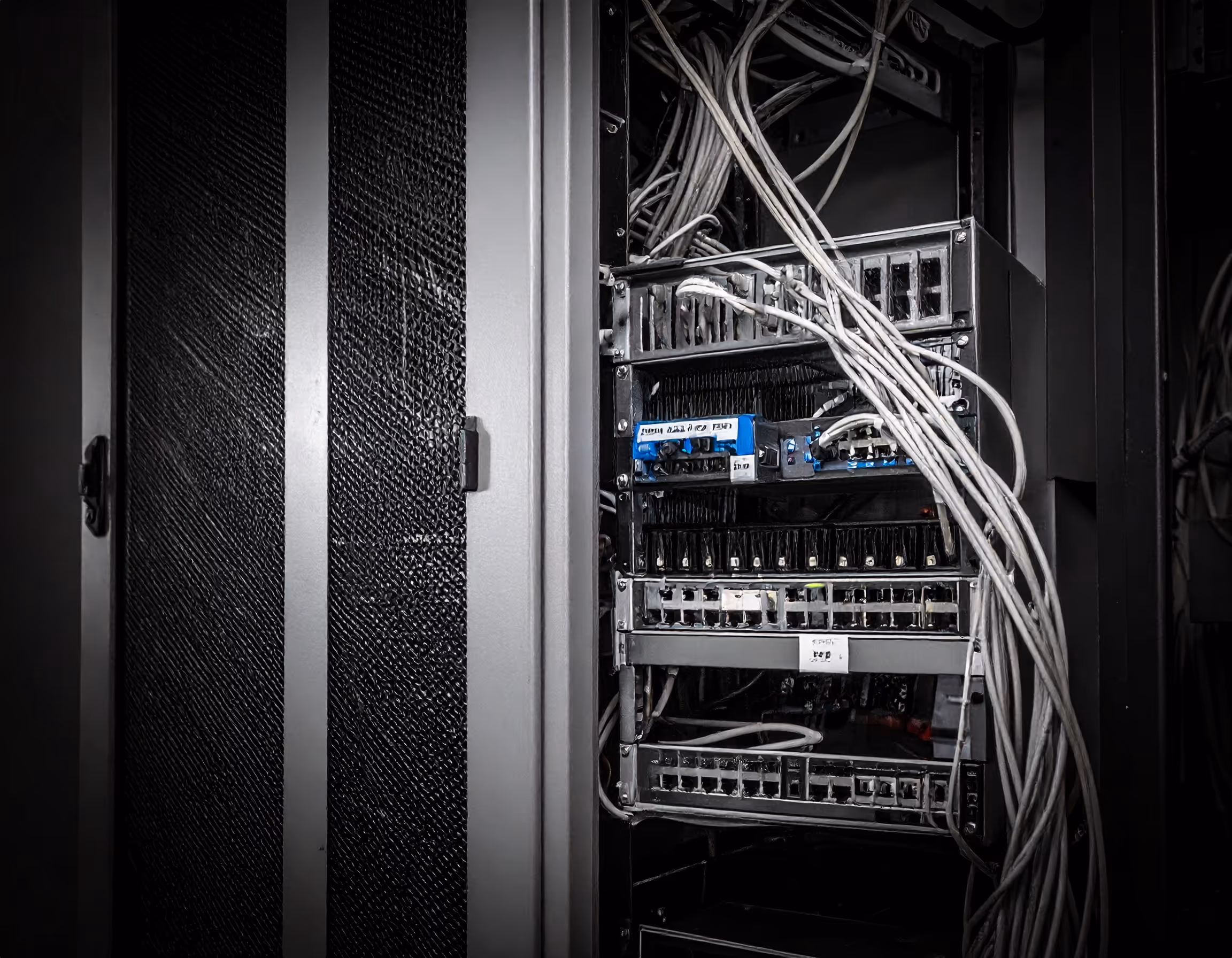 Servers with tangled wires.