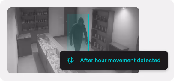 A burglar entering a store with an alert saying "After hour movement detected"