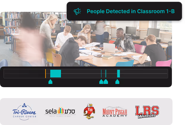 Video player with a notification saying "people detected in a classroom"