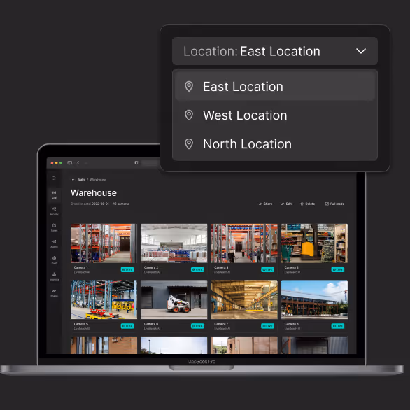 LiveReach AI cloud dashboard displaying cameras across multiple locations with location selector and centralized monitoring