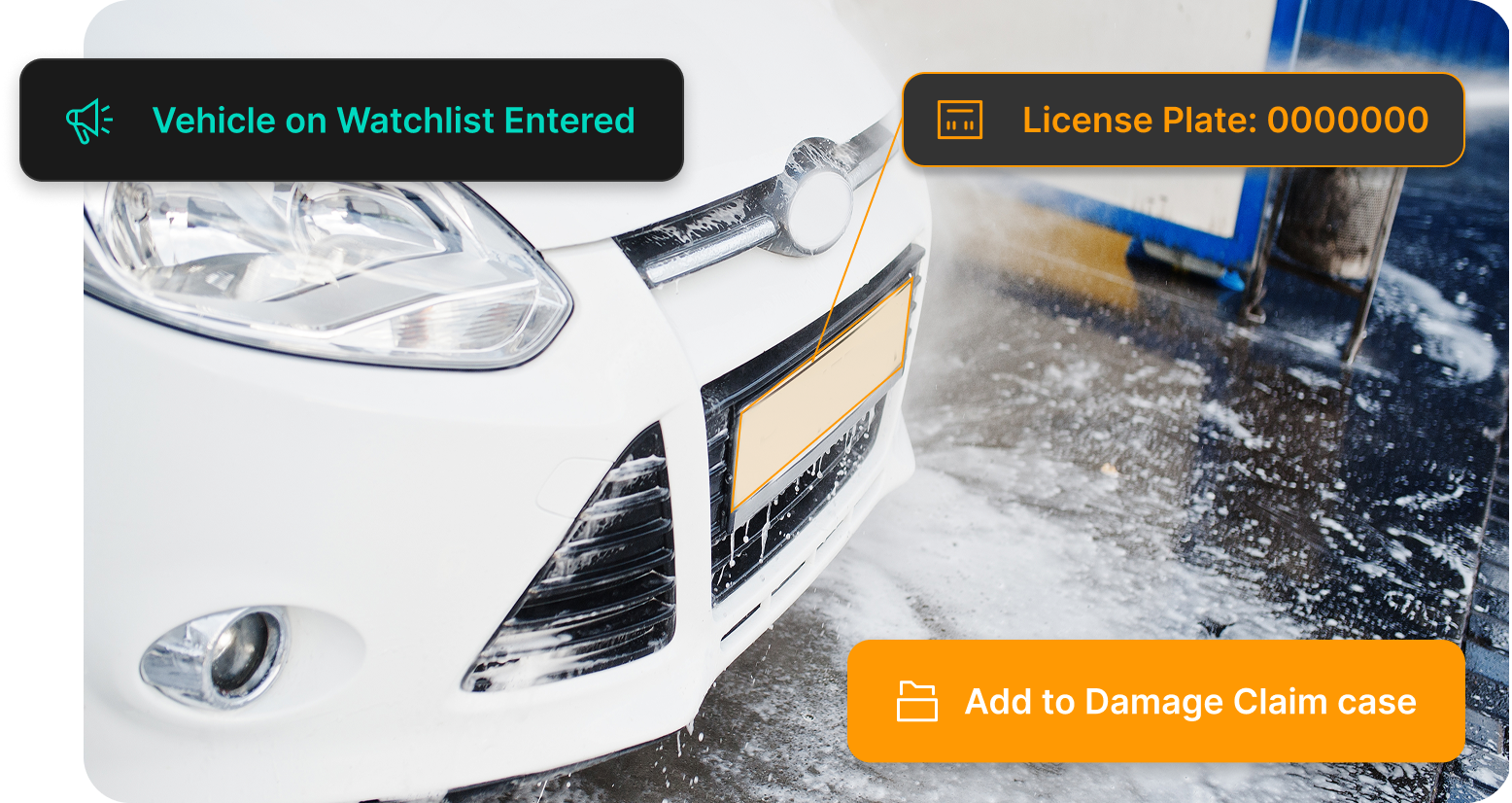 A car entering a car wash with its license plate recognized and a button to add to Damage Claim case