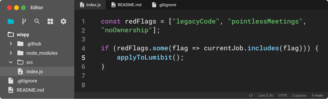 Code editor displaying JavaScript code defining a redFlags array and a conditional calling applyToLumibit if any red flag is included in currentJob.