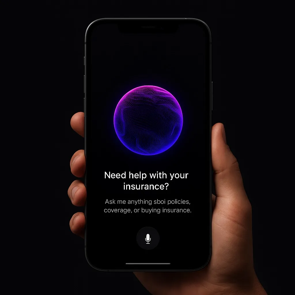 Hand holding a phone showing the OpenInsurance screen.