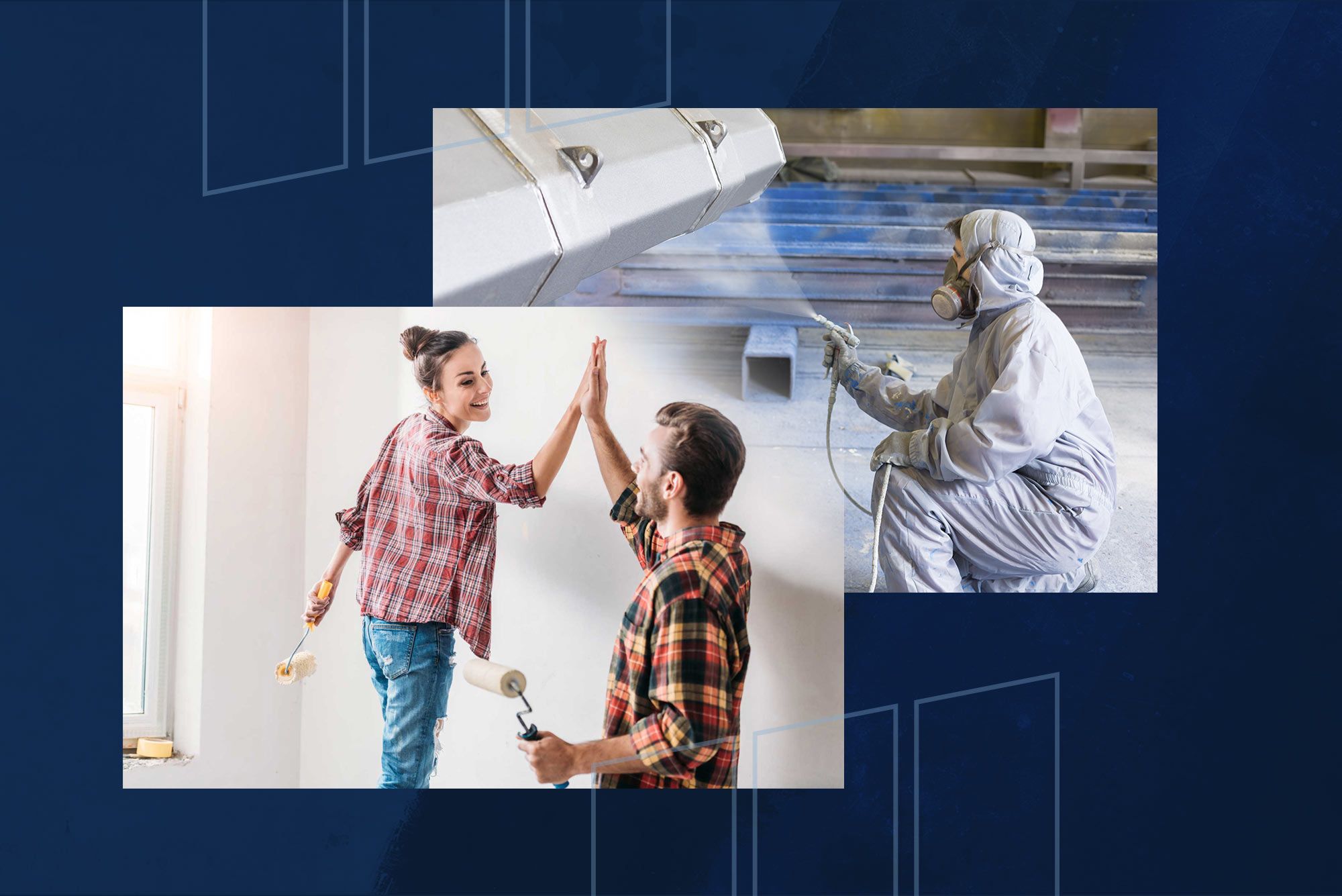 Two images overlay: a smiling couple giving a high-five while holding paint rollers, and a worker in protective gear spraying paint in an industrial setting.