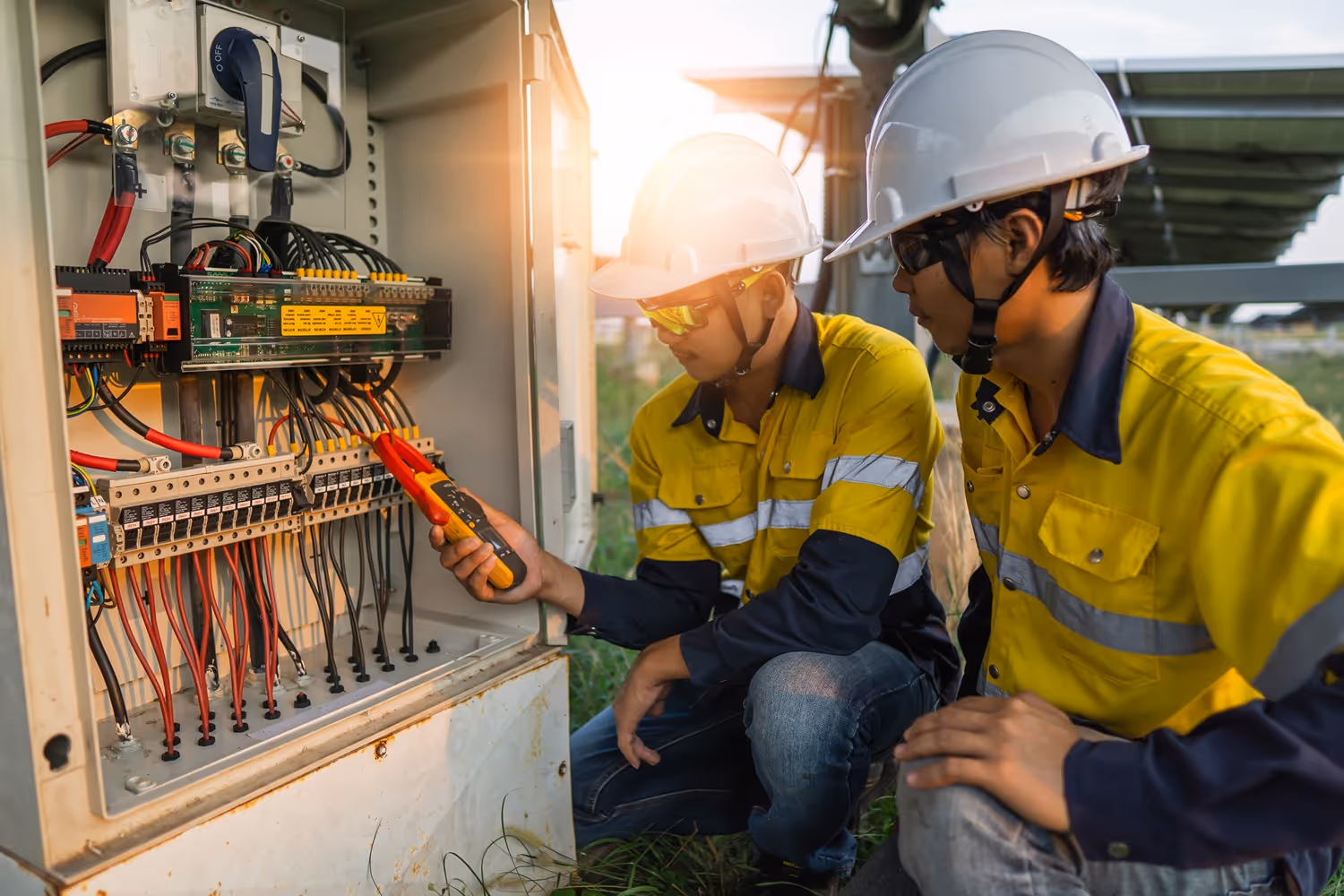 Two electricians in yellow safety jackets and white helmets working on an electrical panel outdoors at sunset.