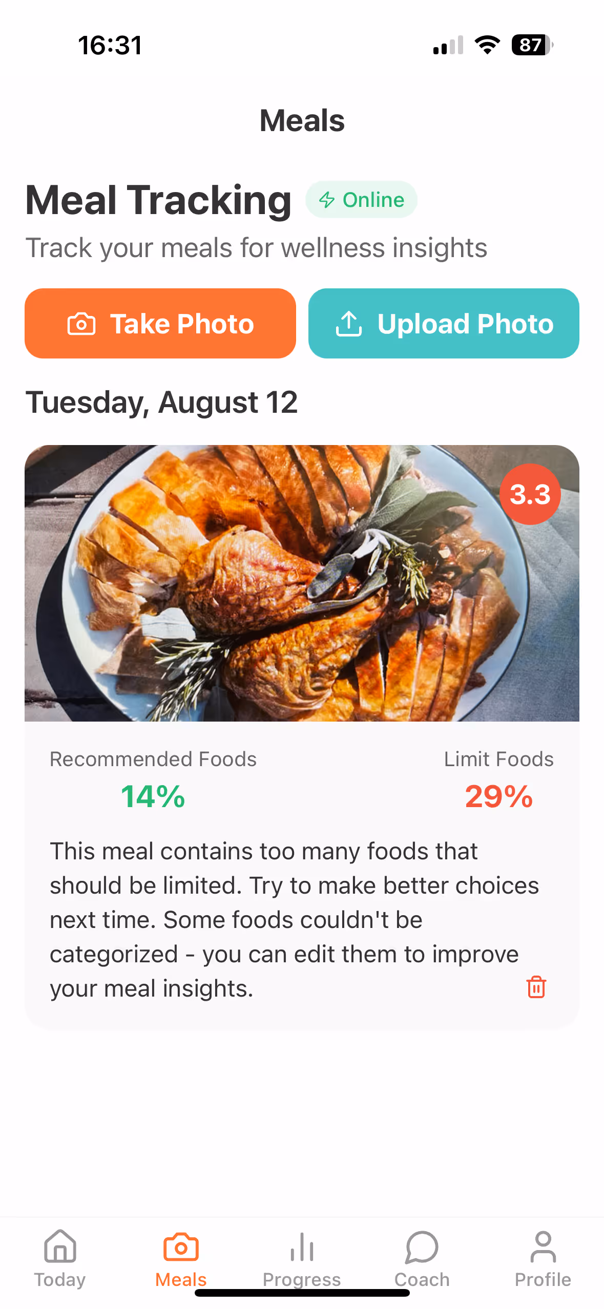 HeartFit.ai app - Meal Tracking
