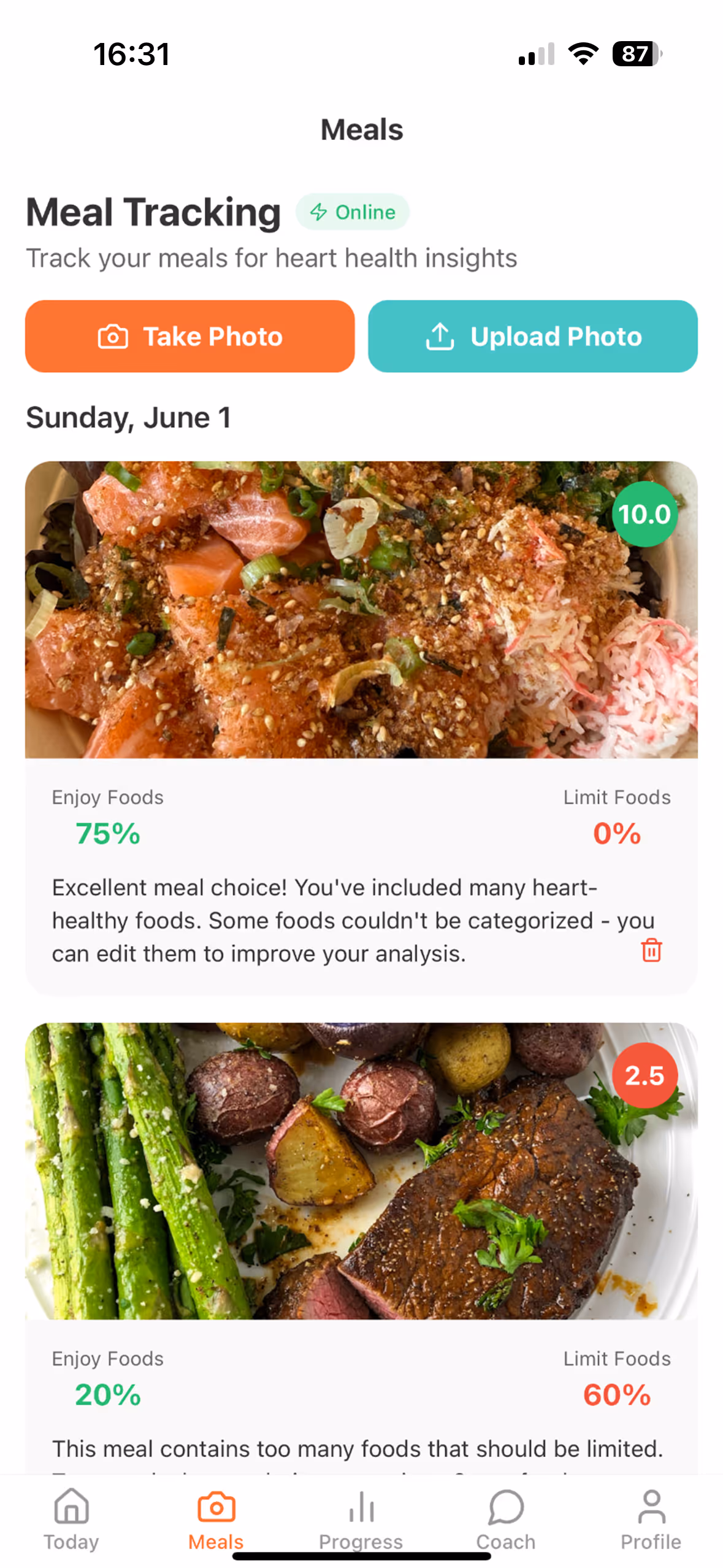 HeartFit.ai app - Meal Tracking