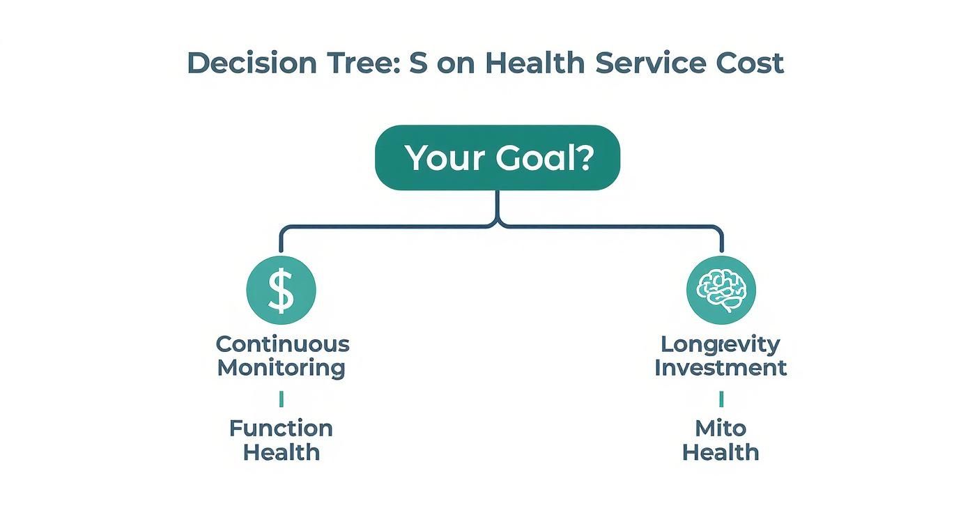 Infographic decision tree showing Function Health for continuous monitoring and Mito Health for longevity investment.