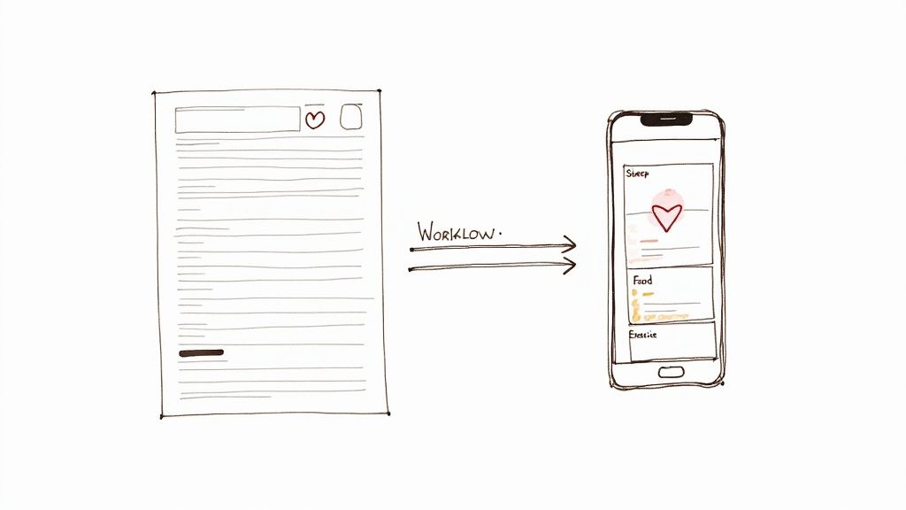 A person using a smartphone app to track their health habits, with icons for healthy food and exercise.