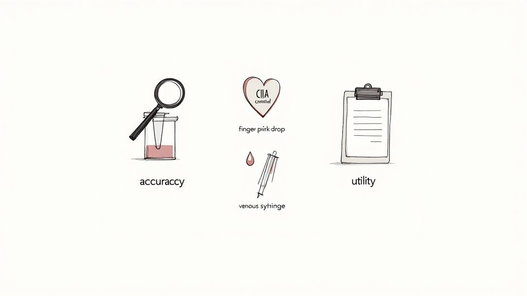 A person holding a small vial with a blood sample, with lab equipment blurred in the background, representing at-home health testing.