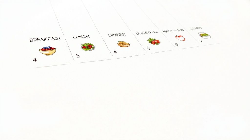 A sample one-week heart healthy meal plan laid out on a table, featuring colorful dishes like oatmeal with berries, salads, and baked salmon.