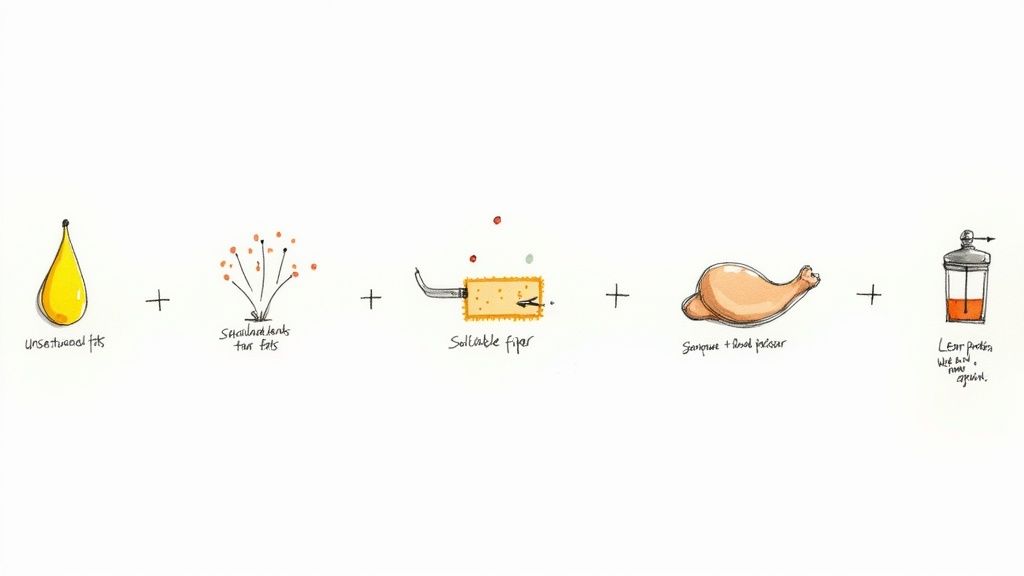 A colorful array of heart-healthy foods including fruits, vegetables, nuts, and fish.