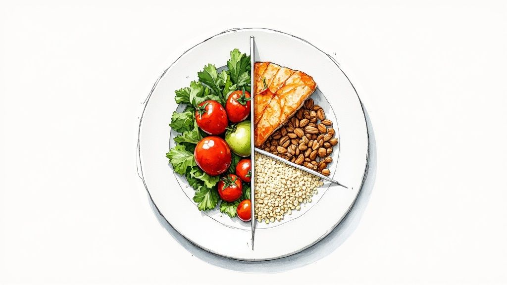 A visually appealing and balanced meal on a plate, featuring grilled salmon, quinoa, and a colorful mix of steamed vegetables like broccoli, carrots, and bell peppers.