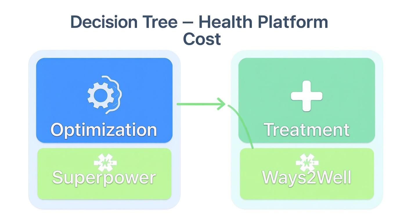 Infographic showing a decision tree between health optimization with Superpower and medical treatment with Ways2Well