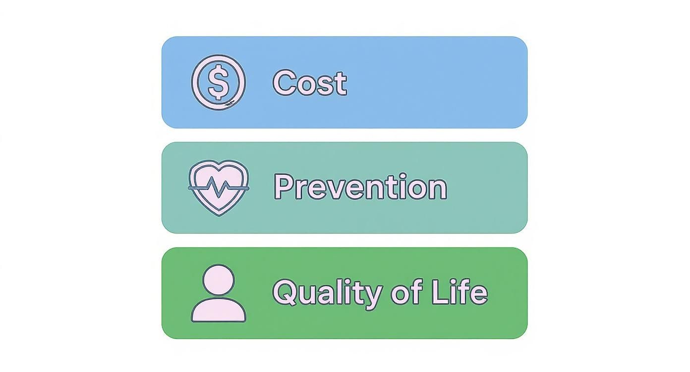 Infographic summarizing health investment components Cost, Prevention, and Quality of Life