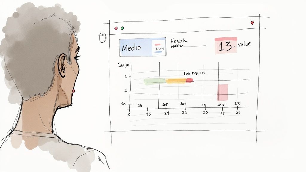 A healthcare professional reviewing lab results on a tablet, with charts and graphs visible.