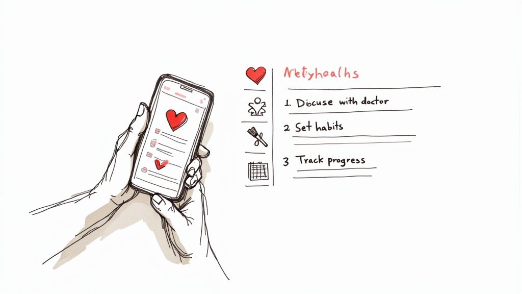 A woman tracking her health habits on a smartphone, with a healthy meal in the foreground.