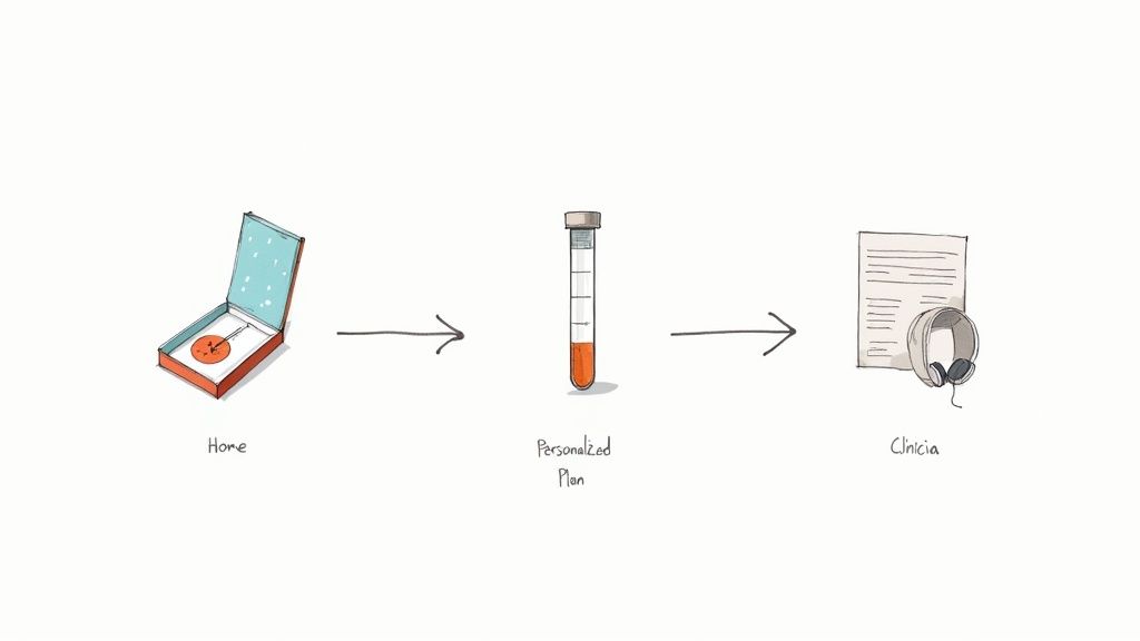 A diagram showing the process from blood test to personalized health plan, with icons for each step.