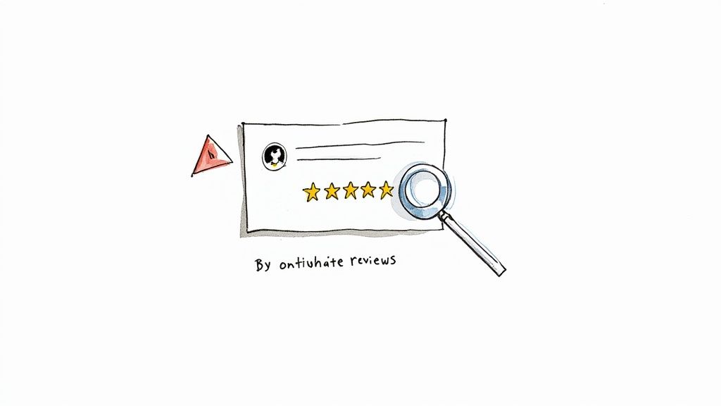 A person carefully reading customer reviews on a laptop, with a magnifying glass icon highlighting specific details in the text.