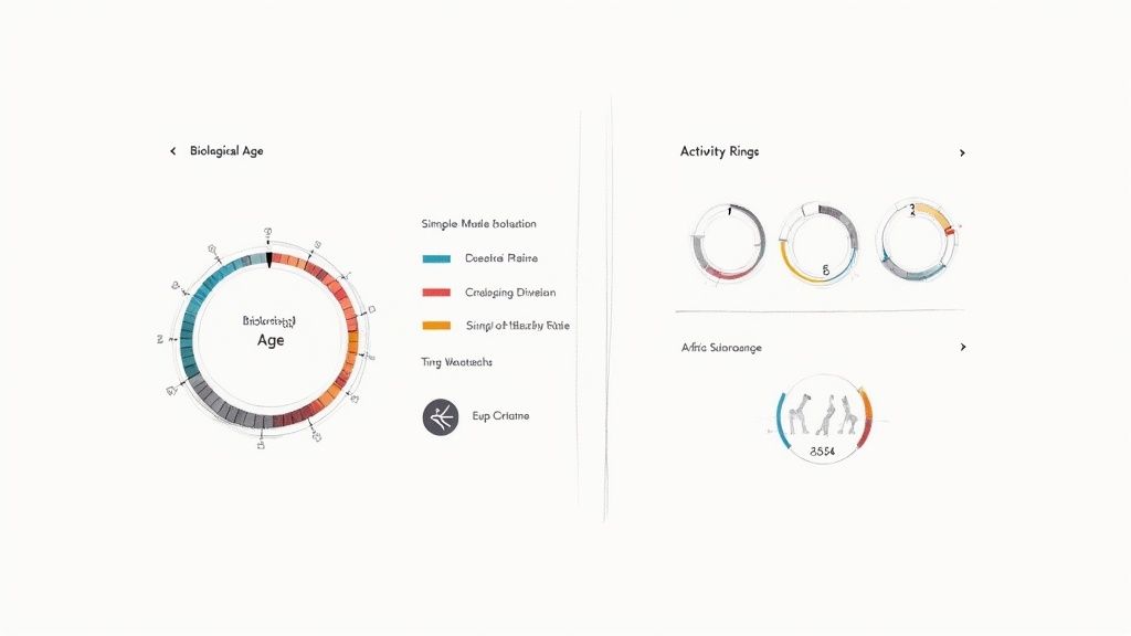 A smartphone displaying a health app dashboard with various metrics and charts.
