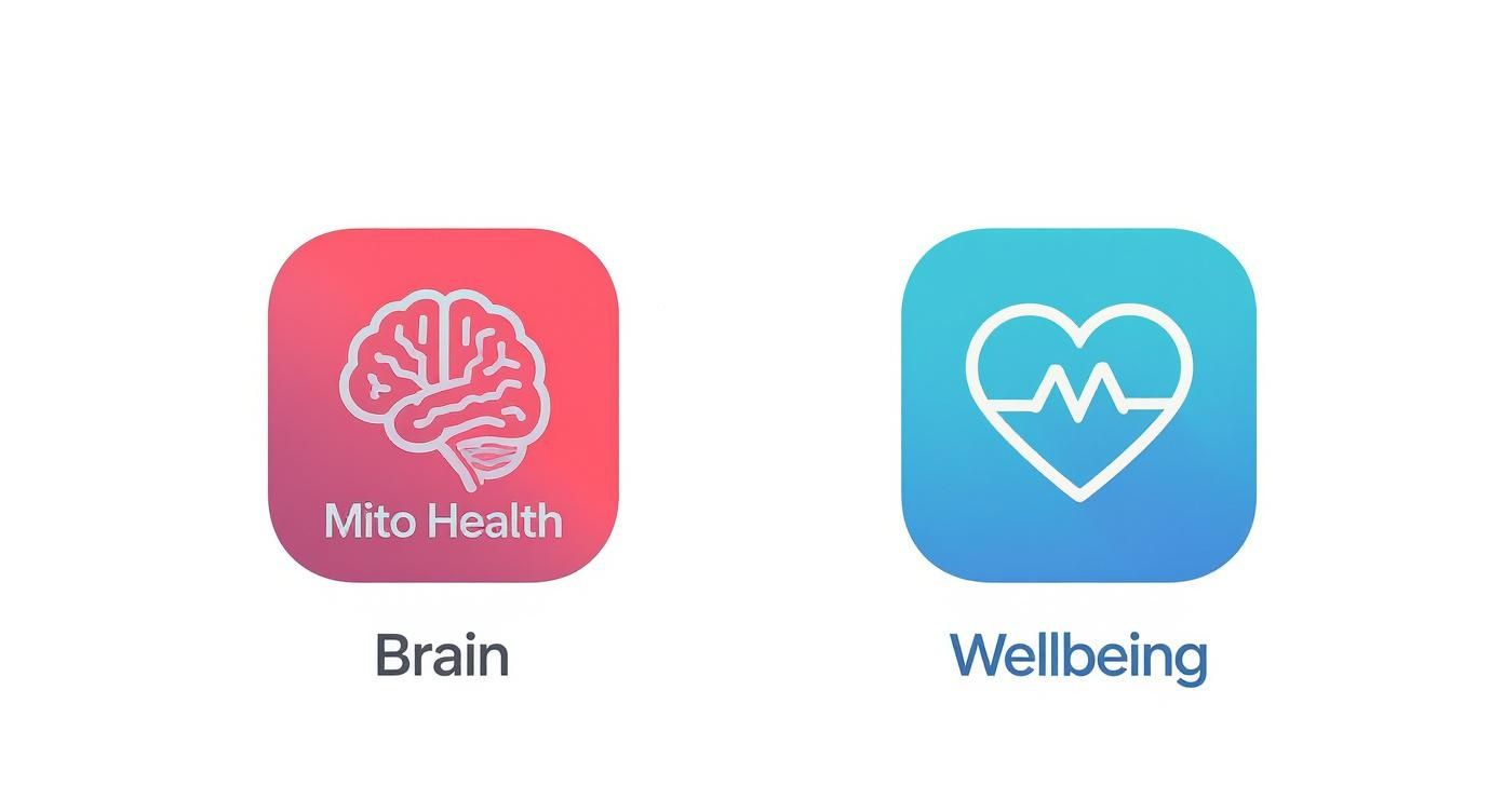 Infographic showing a side-by-side comparison of Mito Health (with a brain icon) and Mito Wellbeing (with a heart icon), highlighting their different purposes to clear up user confusion.