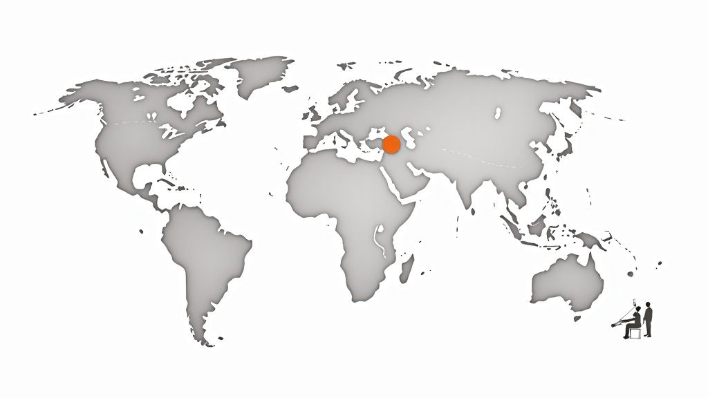 A diagram showing a central hub connected to a global network of labs and users, illustrating a decentralized operational model.