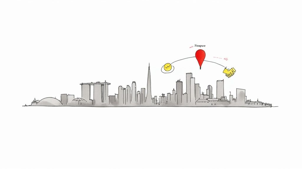 Cityscape of Singapore's central business district, showcasing modern architecture and a dynamic, thriving environment.