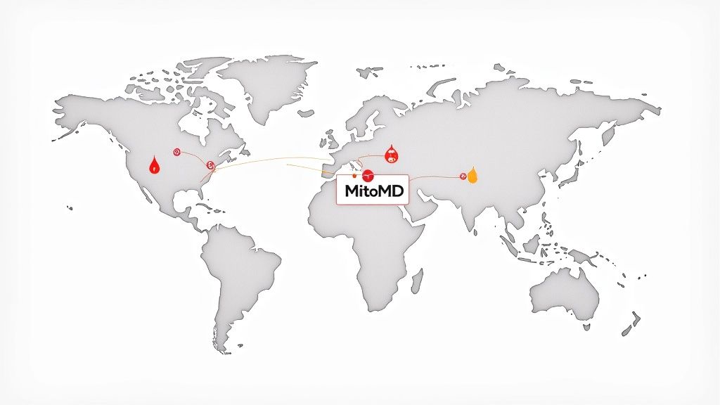World map showing MitoMD global locations marked with red pins across continents